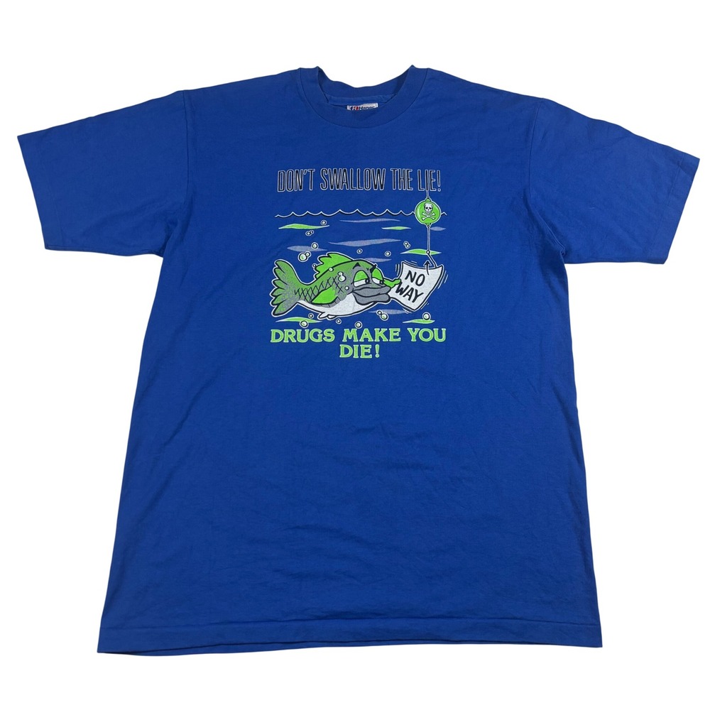 Vintage Mens Large Hanes Fifty Fifty T Shirt Drug Awareness Fish Graphic Tee